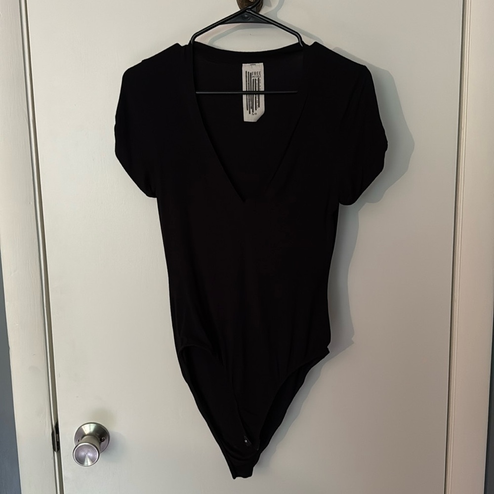 Free People Deep V Neck Short Sleeve Bodysuit Black Snap Closure
